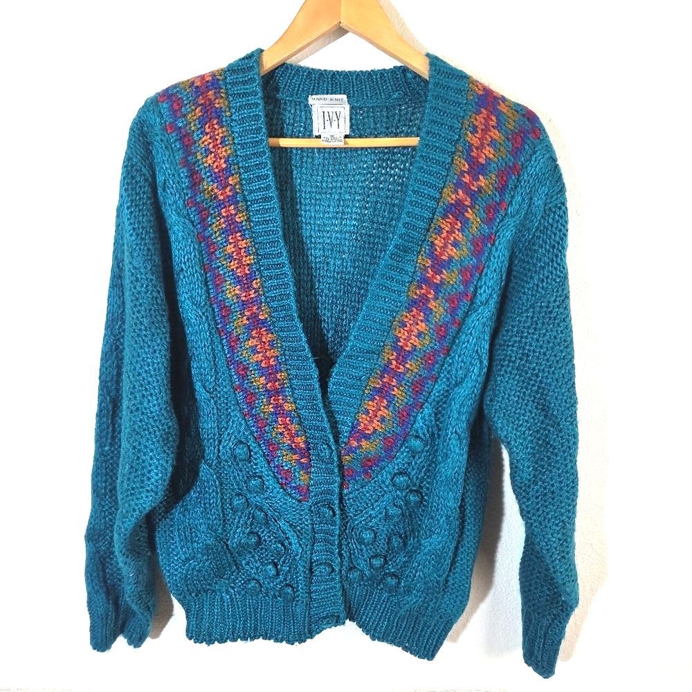 Vintage IVY Hand Knit Cardigan Sweater Teal Granny Cottagecore Button Up Size Sm
